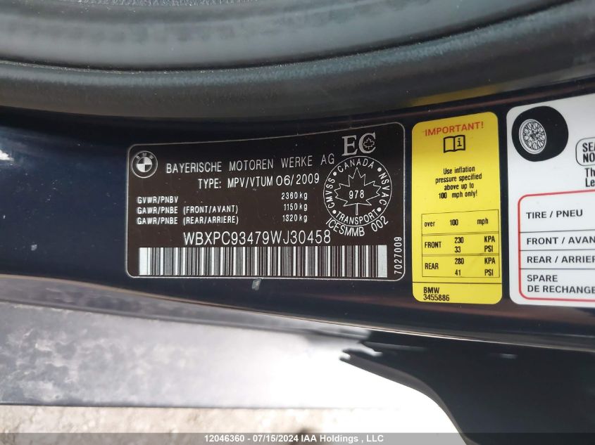 2009 BMW X3 xDrive30I VIN: WBXPC93479WJ30458 Lot: 12046360