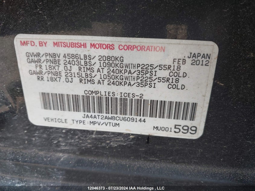 2012 Mitsubishi Outlander VIN: JA4AT2AW8CU609144 Lot: 12046373