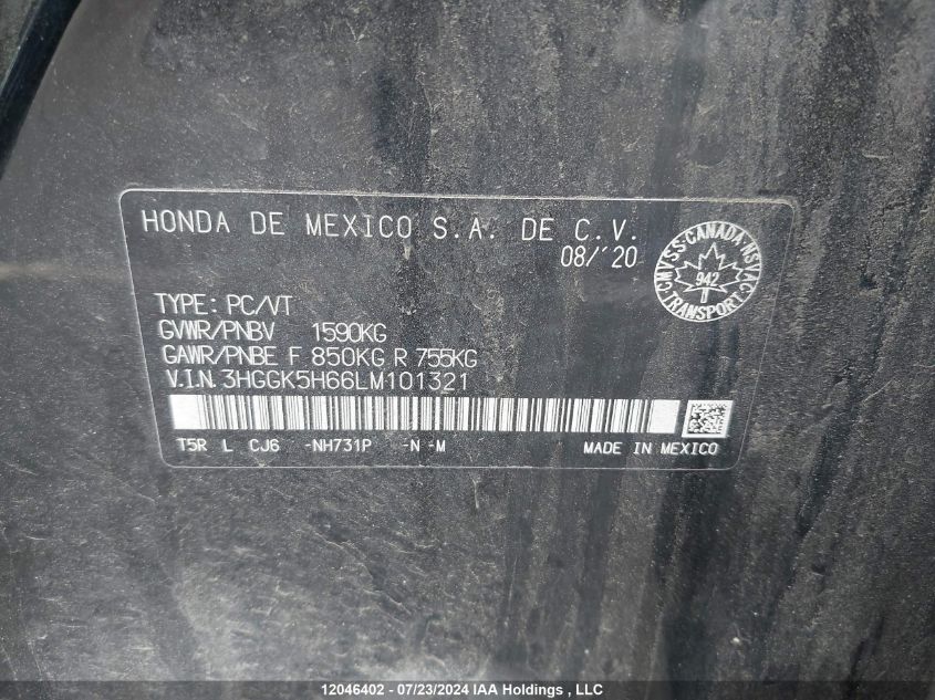 2020 Honda Fit VIN: 3HGGK5H66LM101321 Lot: 12046402