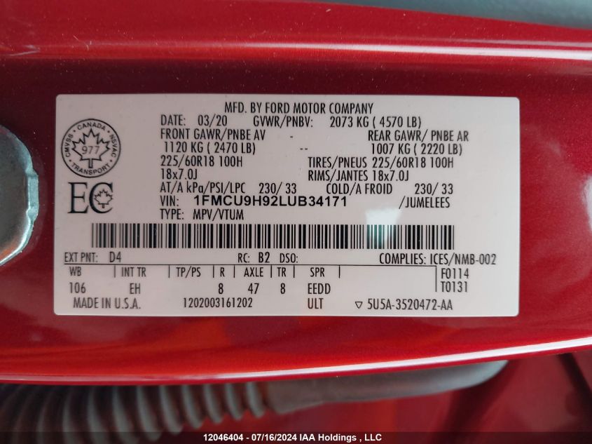 2020 Ford Escape Sel VIN: 1FMCU9H92LUB34171 Lot: 12046404