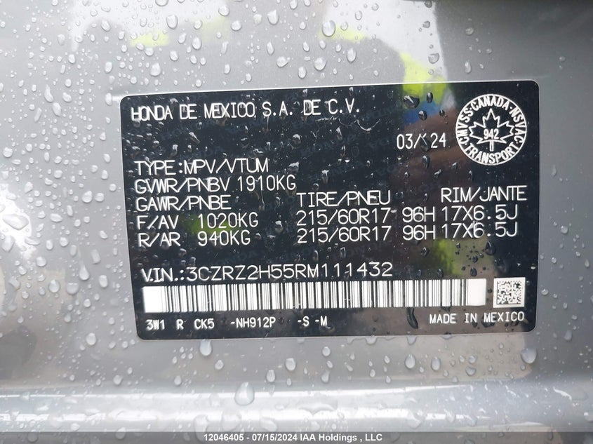 2024 Honda Hr-V VIN: 3CZRZ2H55RM111432 Lot: 12046405