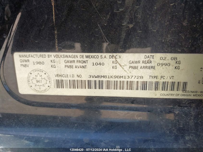 2008 Volkswagen Jetta Sedan VIN: 3VWRM81K98M137728 Lot: 12046420