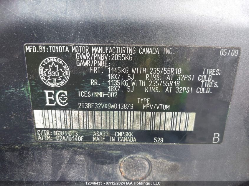 2009 Toyota Rav4 Sport VIN: 2T3BF32VX9W013879 Lot: 12046433