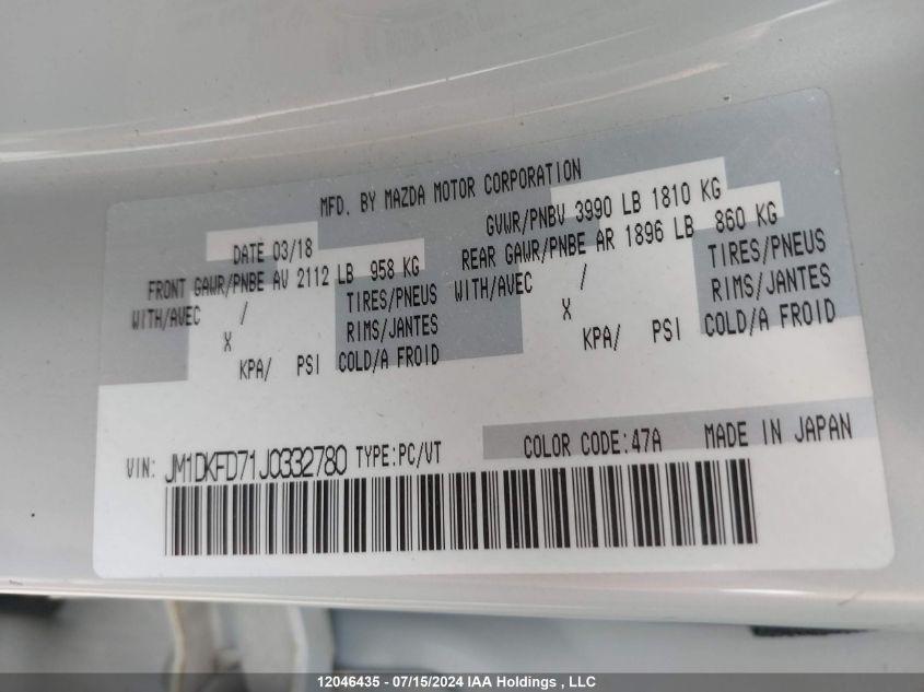 2018 Mazda Cx-3 Grand Touring VIN: JM1DKFD71J0332780 Lot: 12046435
