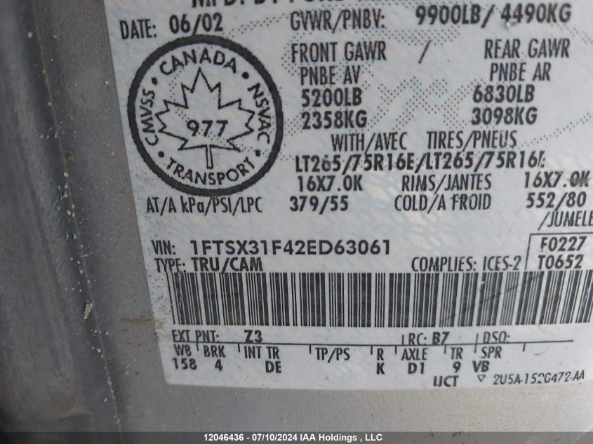 2002 Ford Super Duty F-350 Srw VIN: 1FTSX31F42ED63061 Lot: 12046436