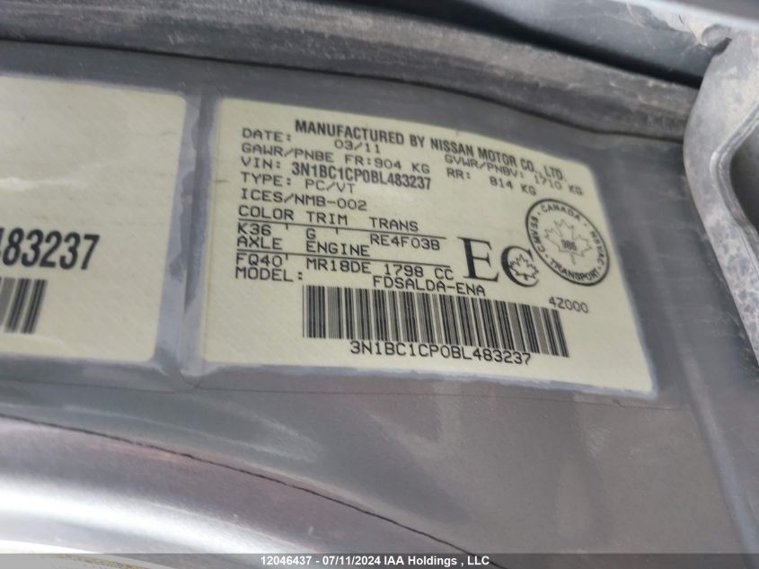 2011 Nissan Versa S/Sl VIN: 3N1BC1CP0BL483237 Lot: 12046437