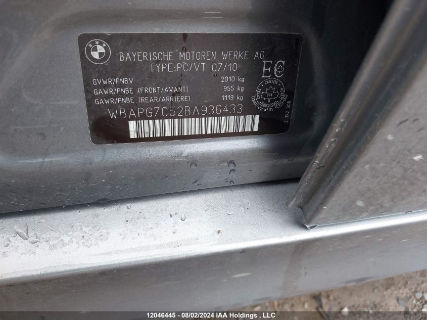 2011 BMW 3 Series VIN: WBAPG7C52BA936433 Lot: 12046445