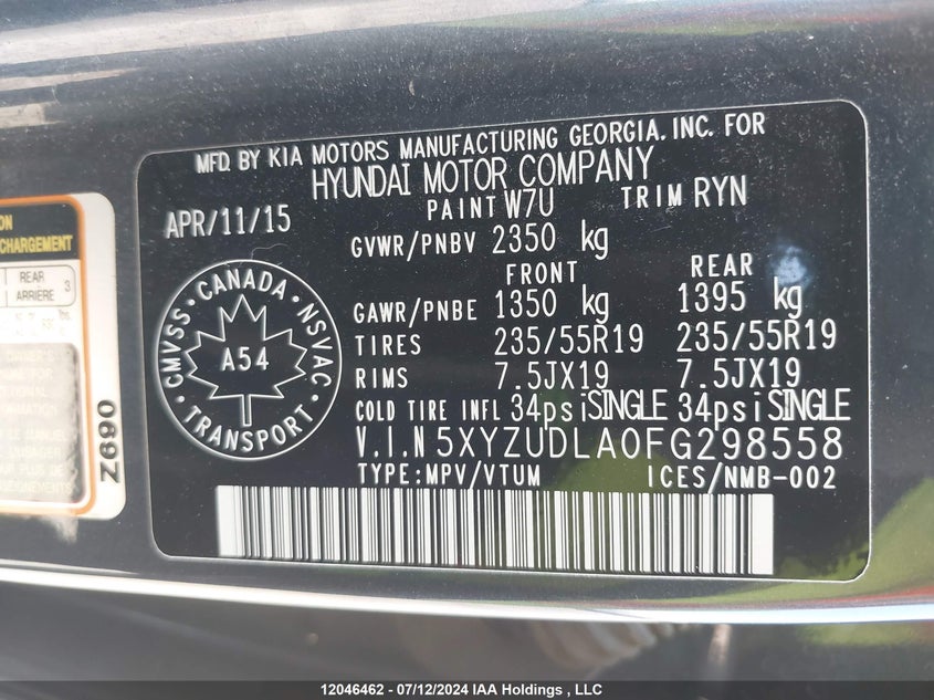 2015 Hyundai Santa Fe Sport VIN: 5XYZUDLA0FG298558 Lot: 12046462