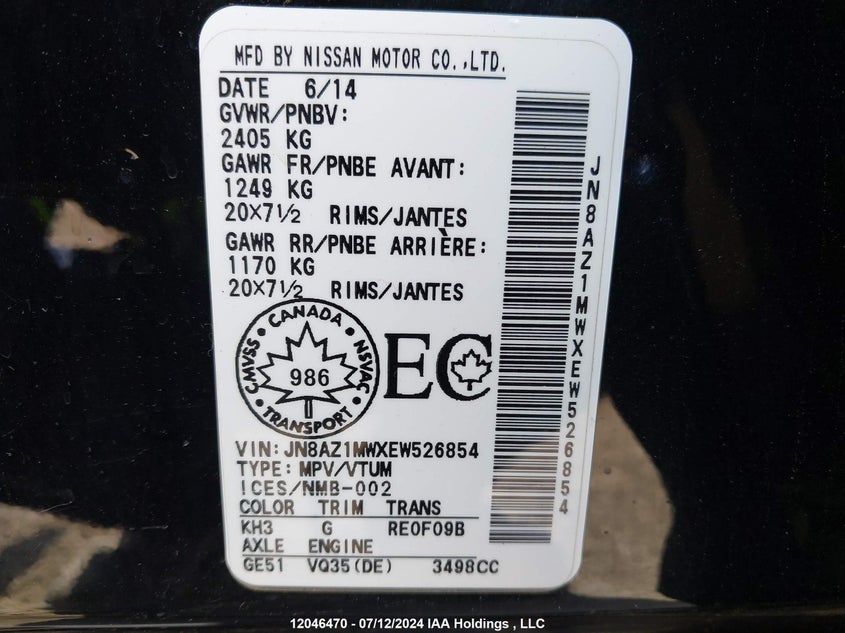 2014 Nissan Murano VIN: JN8AZ1MWXEW526854 Lot: 12046470