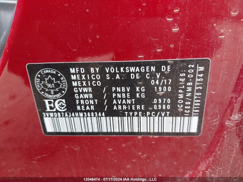 2017 Volkswagen Jetta VIN: 3VWDB7AJ4HM368344 Lot: 12046474