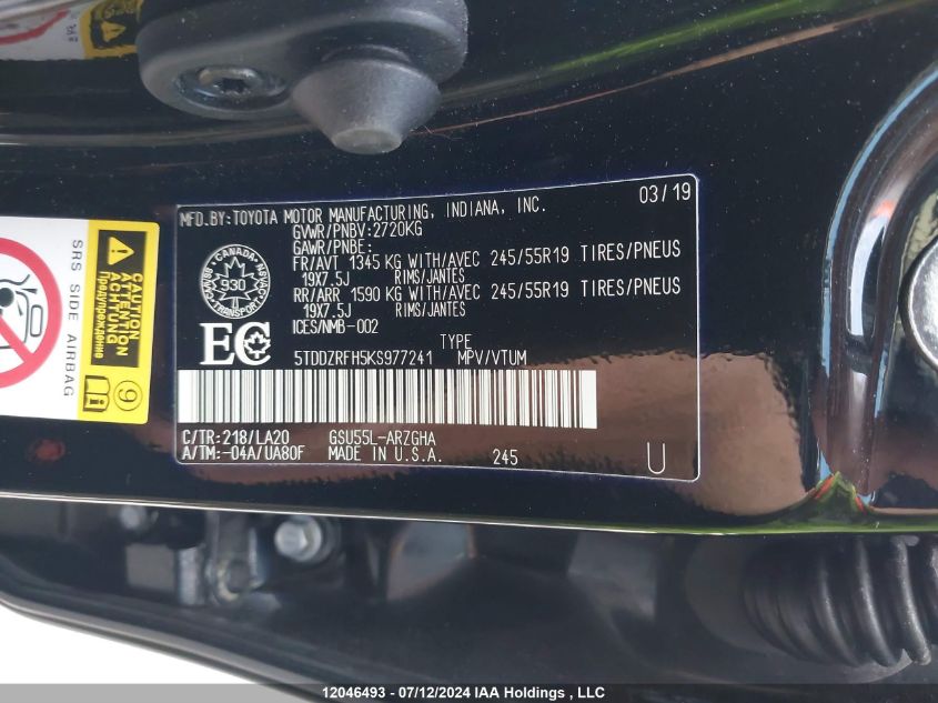 2019 Toyota Highlander Limited VIN: 5TDDZRFH5KS977241 Lot: 12046493
