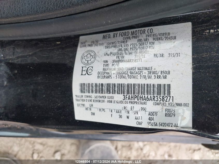 2010 Ford Fusion VIN: 3FAHP0HA6AR358271 Lot: 12046504