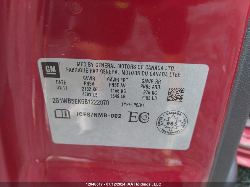 2011 Chevrolet Impala Lt VIN: 2G1WB5EK6B1222070 Lot: 12046517