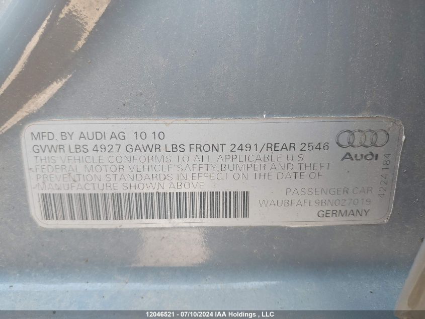 2011 Audi A4 2.0T Premium VIN: WAUBFAFL9BN027019 Lot: 12046521