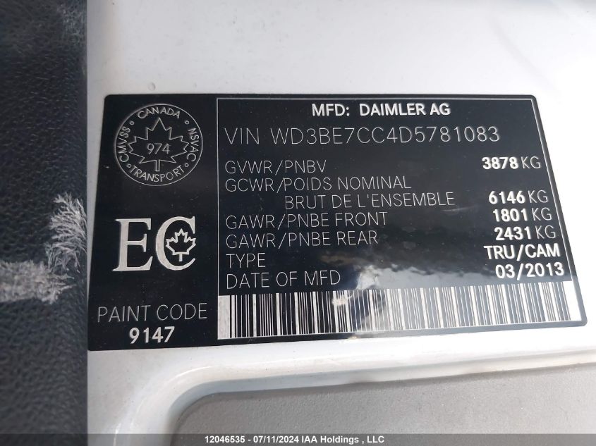 2013 Mercedes-Benz Sprinter 2500 VIN: WD3BE7CC4D5781083 Lot: 12046535