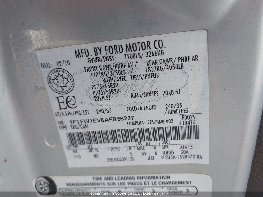 2010 Ford F150 Supercrew VIN: 1FTFW1EV6AFB56237 Lot: 12046542