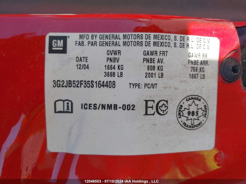 2005 Pontiac Sunfire VIN: 3G2JB52F35S164408 Lot: 12046553