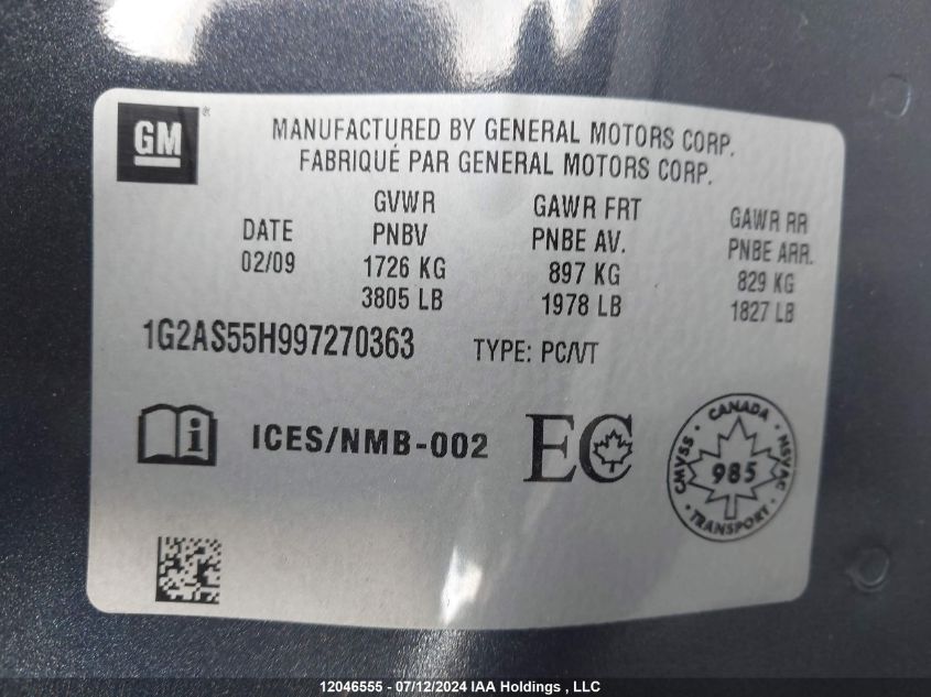 2009 Pontiac G5 VIN: 1G2AS55H997270363 Lot: 12046555