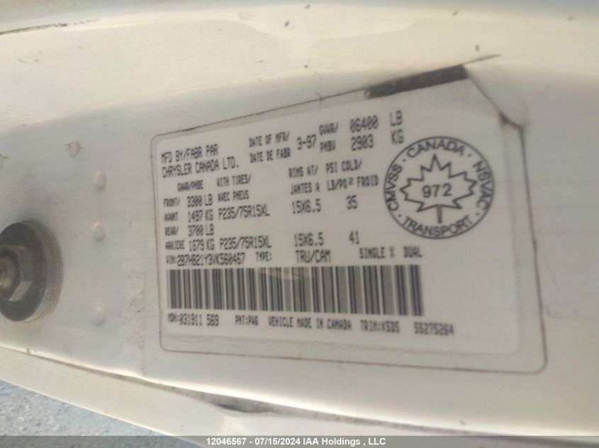 1997 Dodge Ram Van B2500 VIN: 2B7HB21Y3VK560467 Lot: 12046567