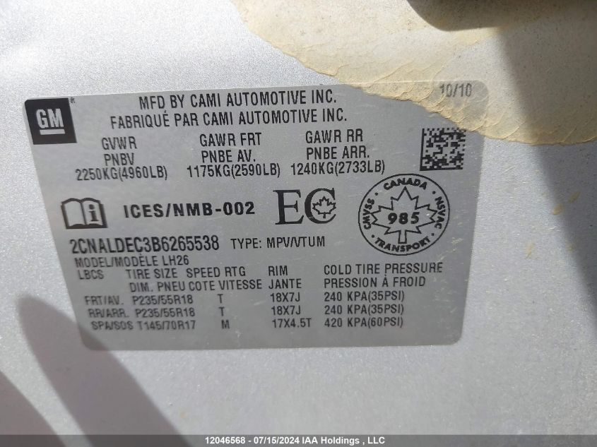 2011 Chevrolet Equinox Lt VIN: 2CNALDEC3B6265538 Lot: 12046568