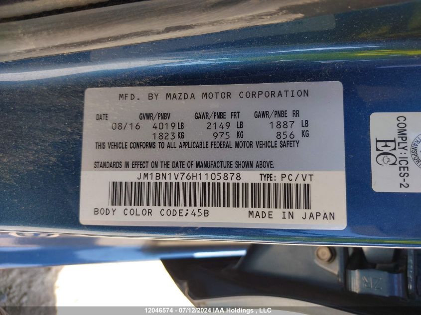 2017 Mazda Mazda3 VIN: JM1BN1V76H1105878 Lot: 12046574