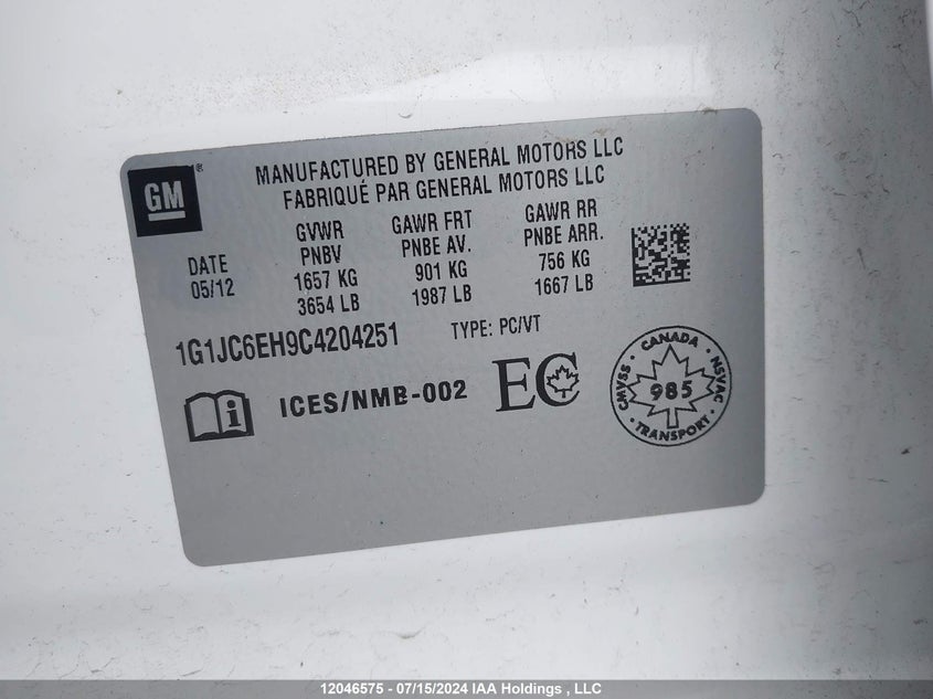 2012 Chevrolet Sonic VIN: 1G1JC6EH9C4204251 Lot: 12046575