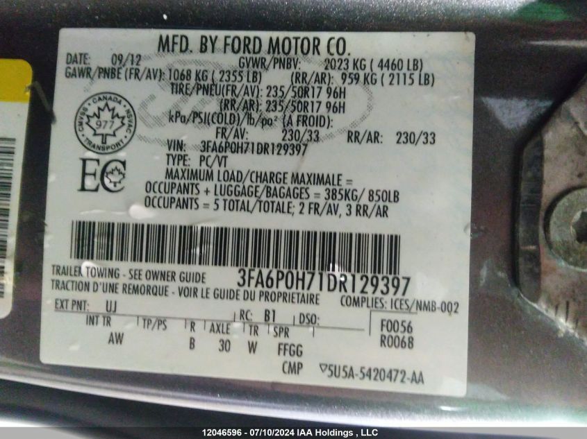 2013 Ford Fusion VIN: 3FA6P0H71DR129397 Lot: 12046596