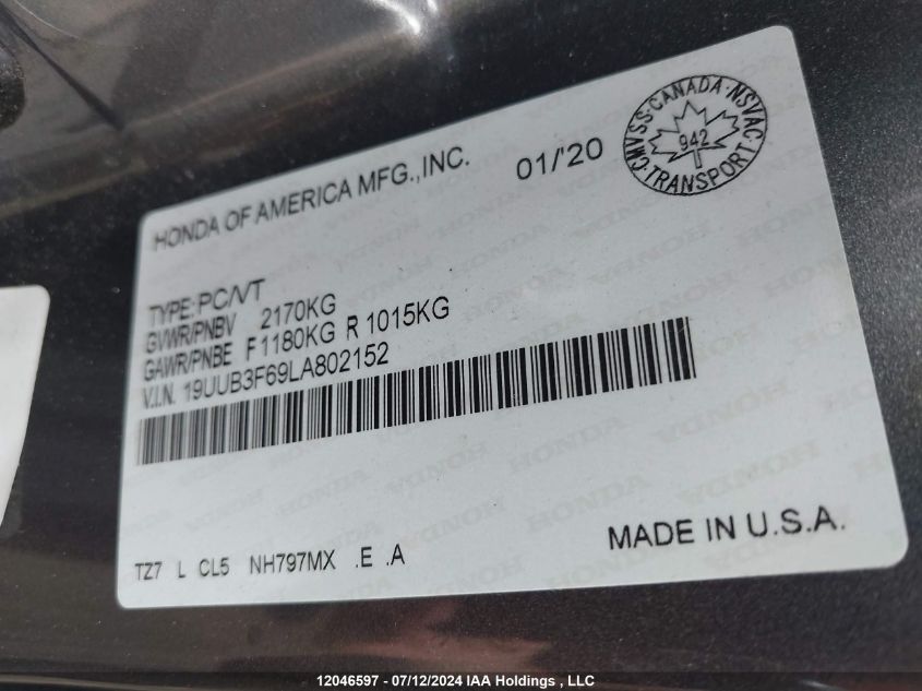 2020 Acura Tlx VIN: 19UUB3F69LA802152 Lot: 12046597