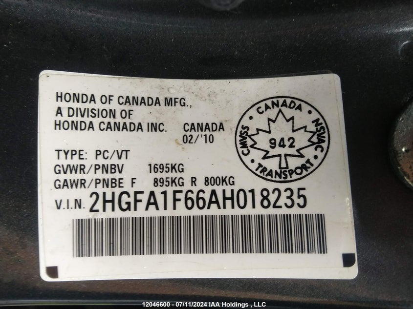 2010 Honda Civic VIN: 2HGFA1F66AH018235 Lot: 12046600