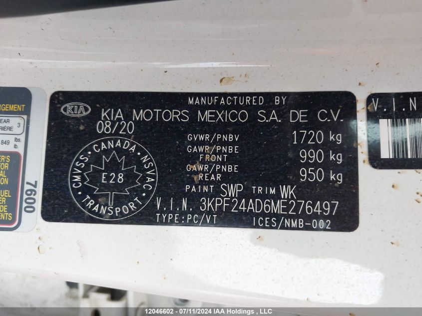 2021 Kia Forte VIN: 3KPF24AD6ME276497 Lot: 12046602