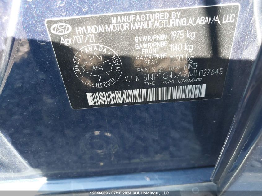 2021 Hyundai Sonata Se VIN: 5NPEG4JA9MH127645 Lot: 12046609
