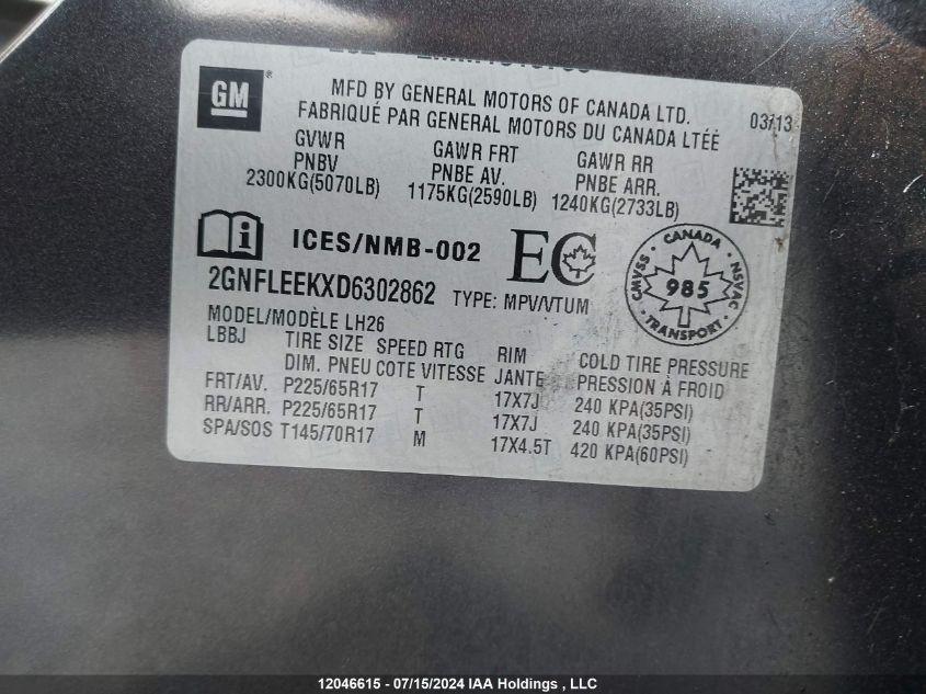 2013 Chevrolet Equinox VIN: 2GNFLEEKXD6302862 Lot: 12046615