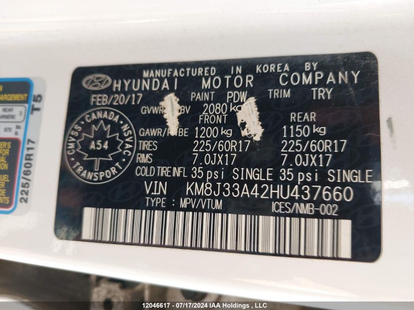 2017 Hyundai Tucson Limited/Sport And Eco/Se VIN: KM8J33A42HU437660 Lot: 12046617