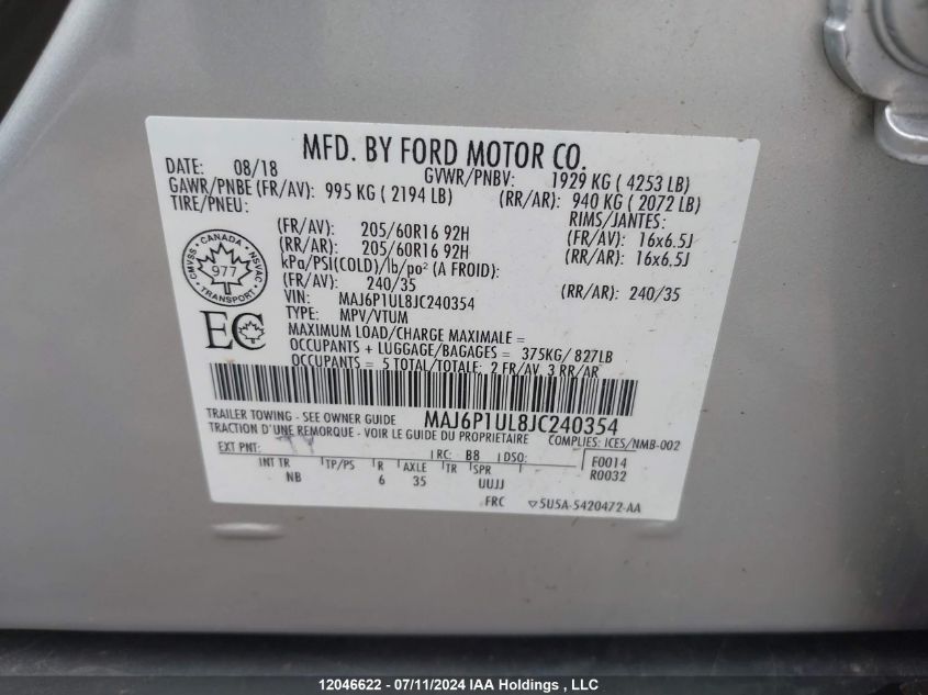 2018 Ford Ecosport Se VIN: MAJ6P1UL8JC240354 Lot: 12046622