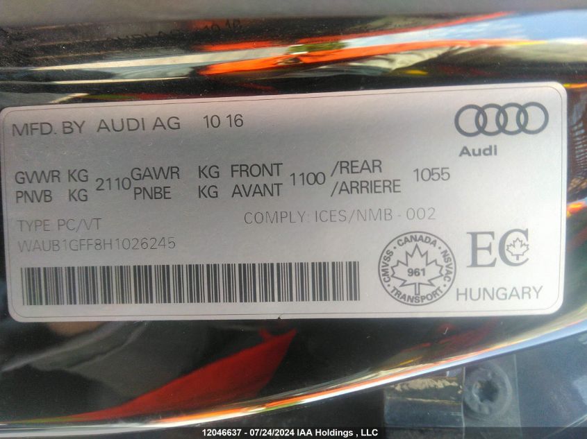 2017 Audi S3 VIN: WAUB1GFF8H1026245 Lot: 12046637