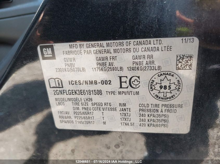 2014 Chevrolet Equinox VIN: 2GNFLGEK3E6181508 Lot: 12046651