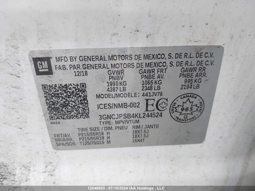 2019 Chevrolet Trax VIN: 3GNCJPSB4KL244524 Lot: 12046653