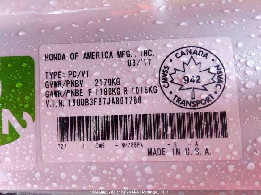 2018 Acura Tlx VIN: 19UUB3F87JA801788 Lot: 12046660