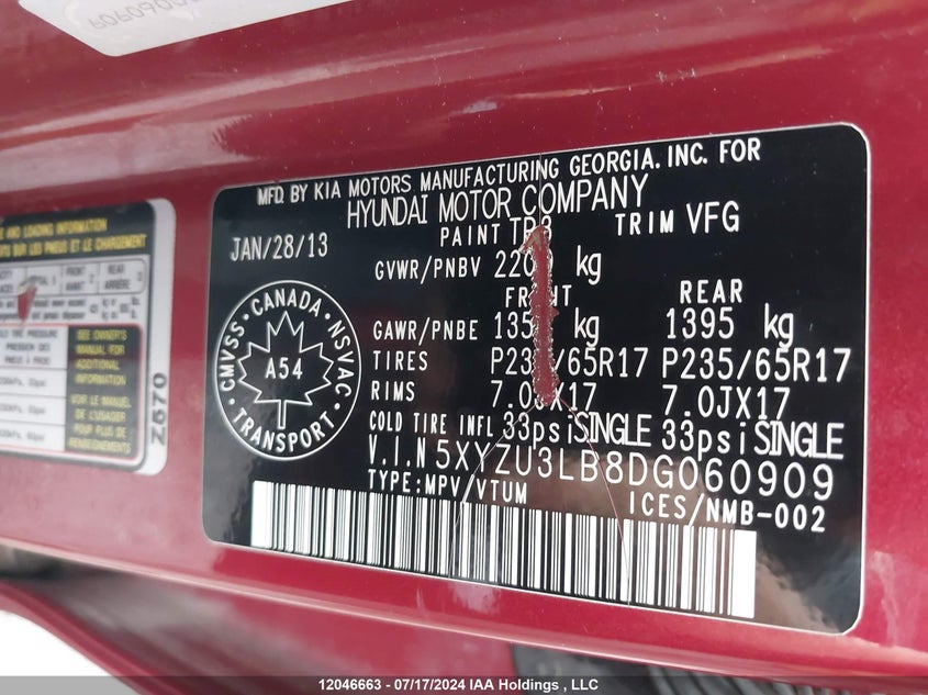 2013 Hyundai Santa Fe Sport VIN: 5XYZU3LB8DG060909 Lot: 12046663