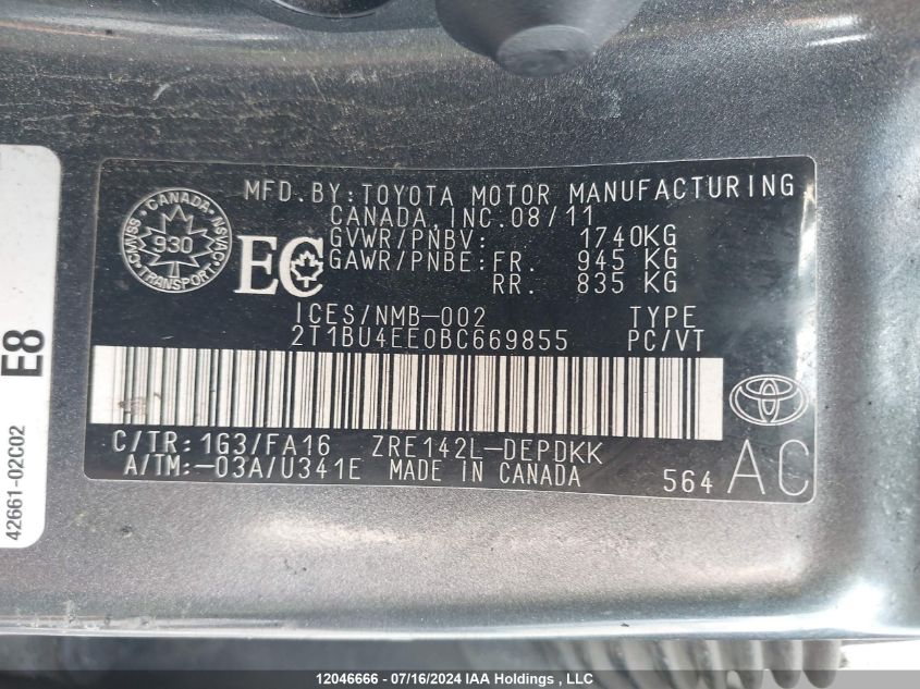 2011 Toyota Corolla S/Le VIN: 2T1BU4EE0BC669855 Lot: 12046666