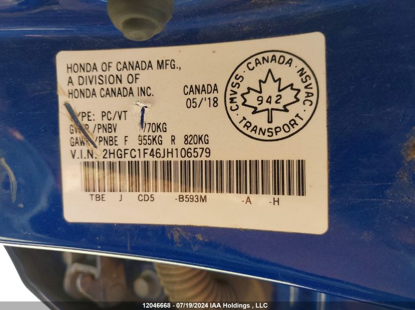 2018 Honda Civic Sedan VIN: 2HGFC1F46JH106579 Lot: 12046668