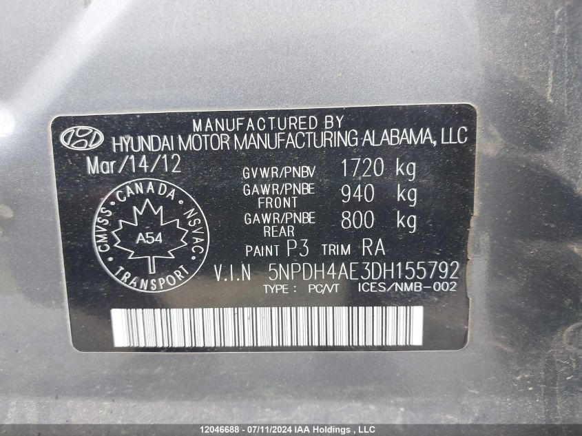 2013 Hyundai Elantra Gl VIN: 5NPDH4AE3DH155792 Lot: 12046688