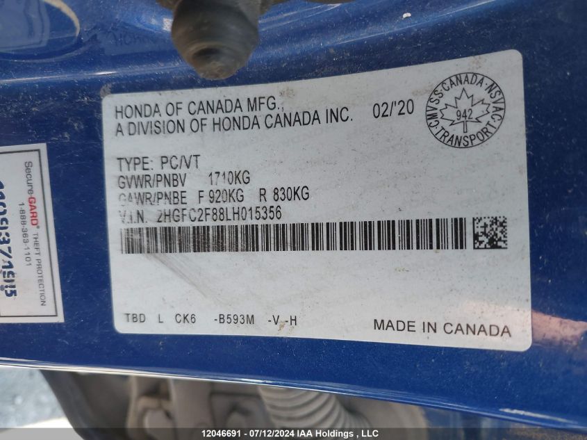 2020 Honda Civic Sedan VIN: 2HGFC2F88LH015356 Lot: 12046691