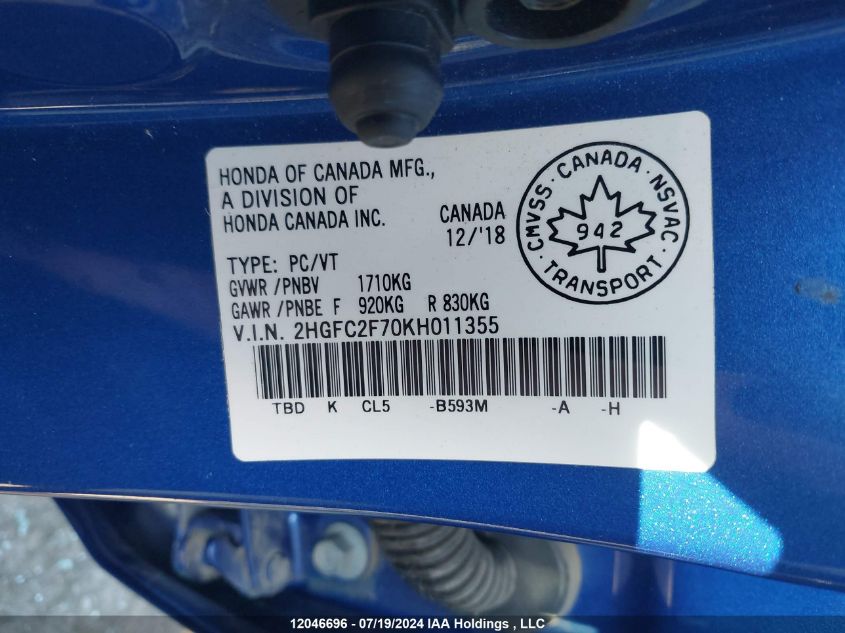 2019 Honda Civic Sedan VIN: 2HGFC2F70KH011355 Lot: 12046696