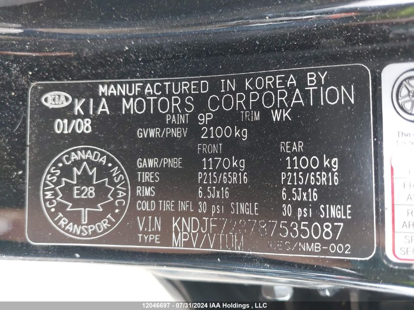 2008 Kia Sportage VIN: KNDJF723787535087 Lot: 12046697