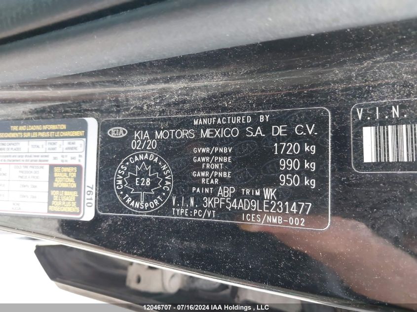 2020 Kia Forte VIN: 3KPF54AD9LE231477 Lot: 12046707