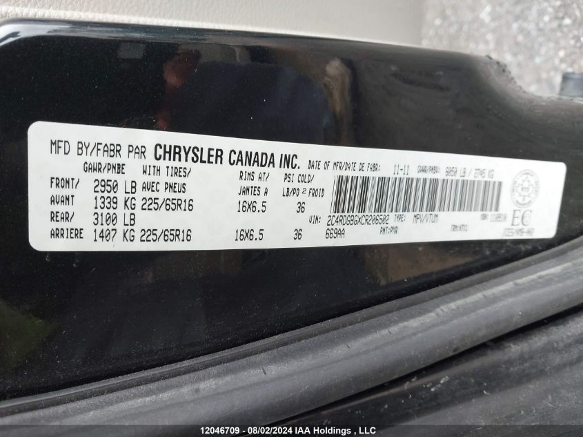 2012 Dodge Grand Caravan Se VIN: 2C4RDGBGXCR206502 Lot: 12046709