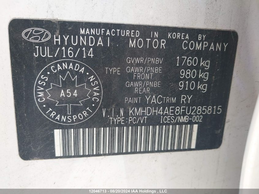 2015 Hyundai Elantra Se/Sport/Limited VIN: KMHDH4AE8FU285815 Lot: 12046713