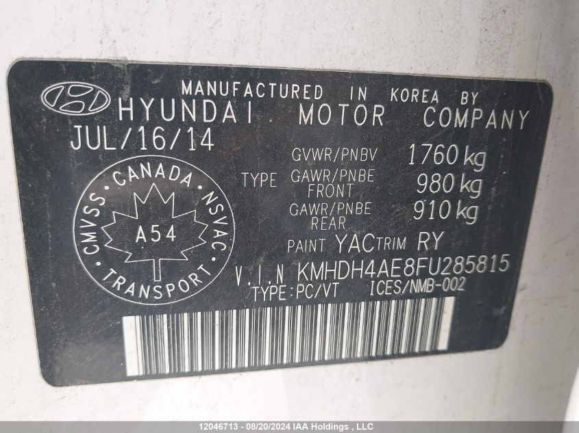 2015 Hyundai Elantra Se/Sport/Limited VIN: KMHDH4AE8FU285815 Lot: 12046713