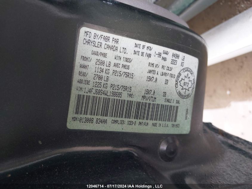 1998 Jeep Cherokee VIN: 1J4FJ68S4WL198695 Lot: 12046714